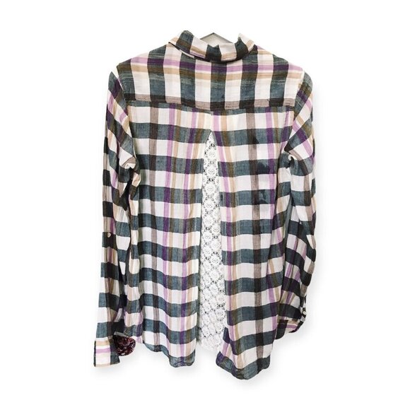Anthropologie Isabella Sinclair plaid shirt with lace inserts. Size S - Picture 3 of 13